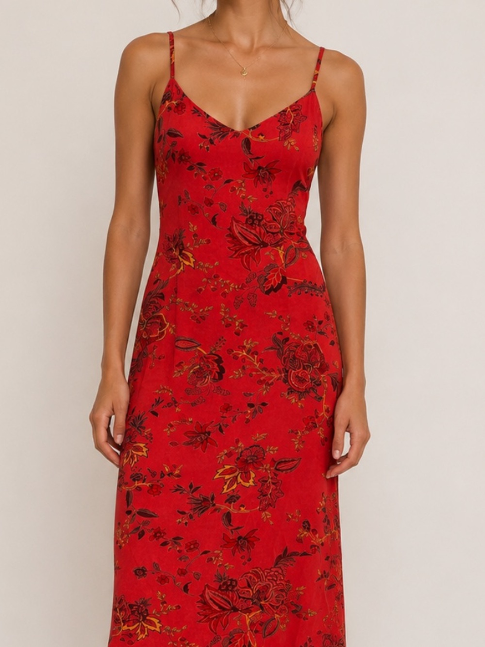 Vintage Y2K Tristan & Iseut Red Floral Slip Midi Dress Bias Cut Cottagecore sz 1